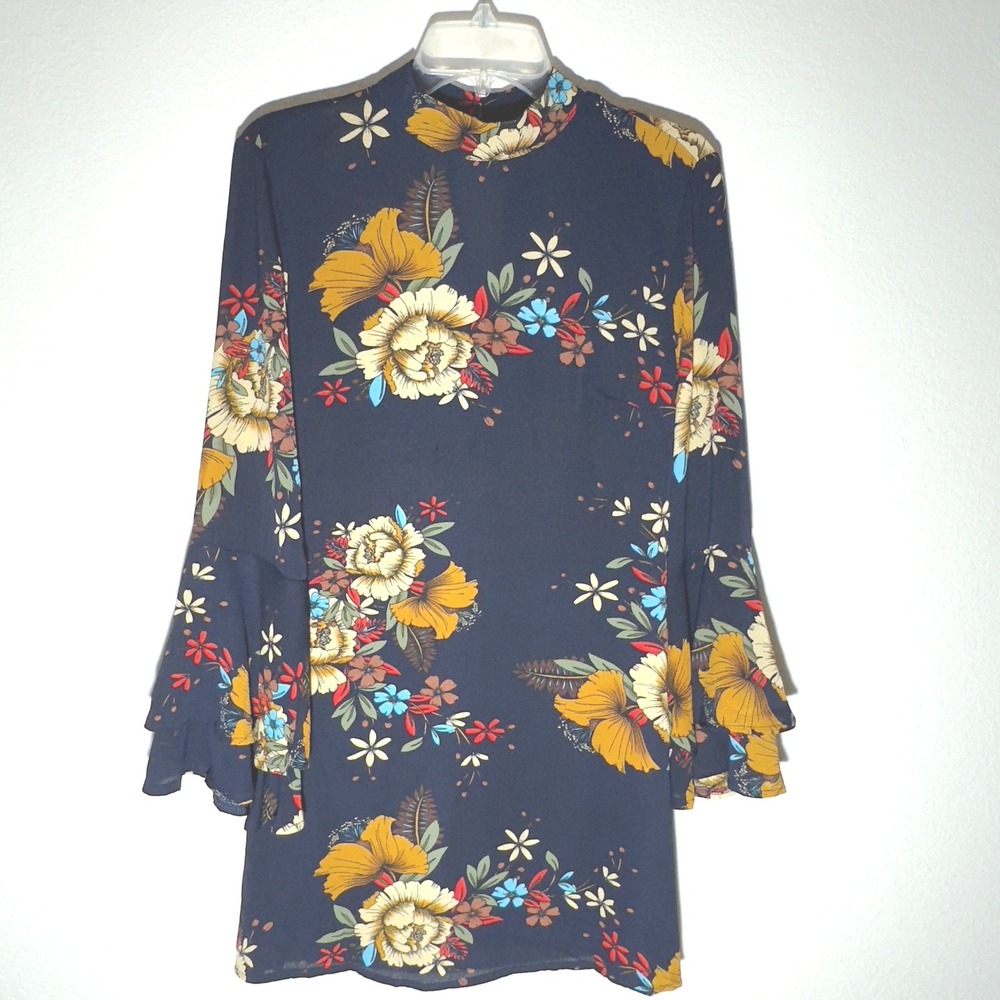 PARISIAN Navy Floral Bell Sleeve Mock Neck Mini Dress UK Sz 12 US 8